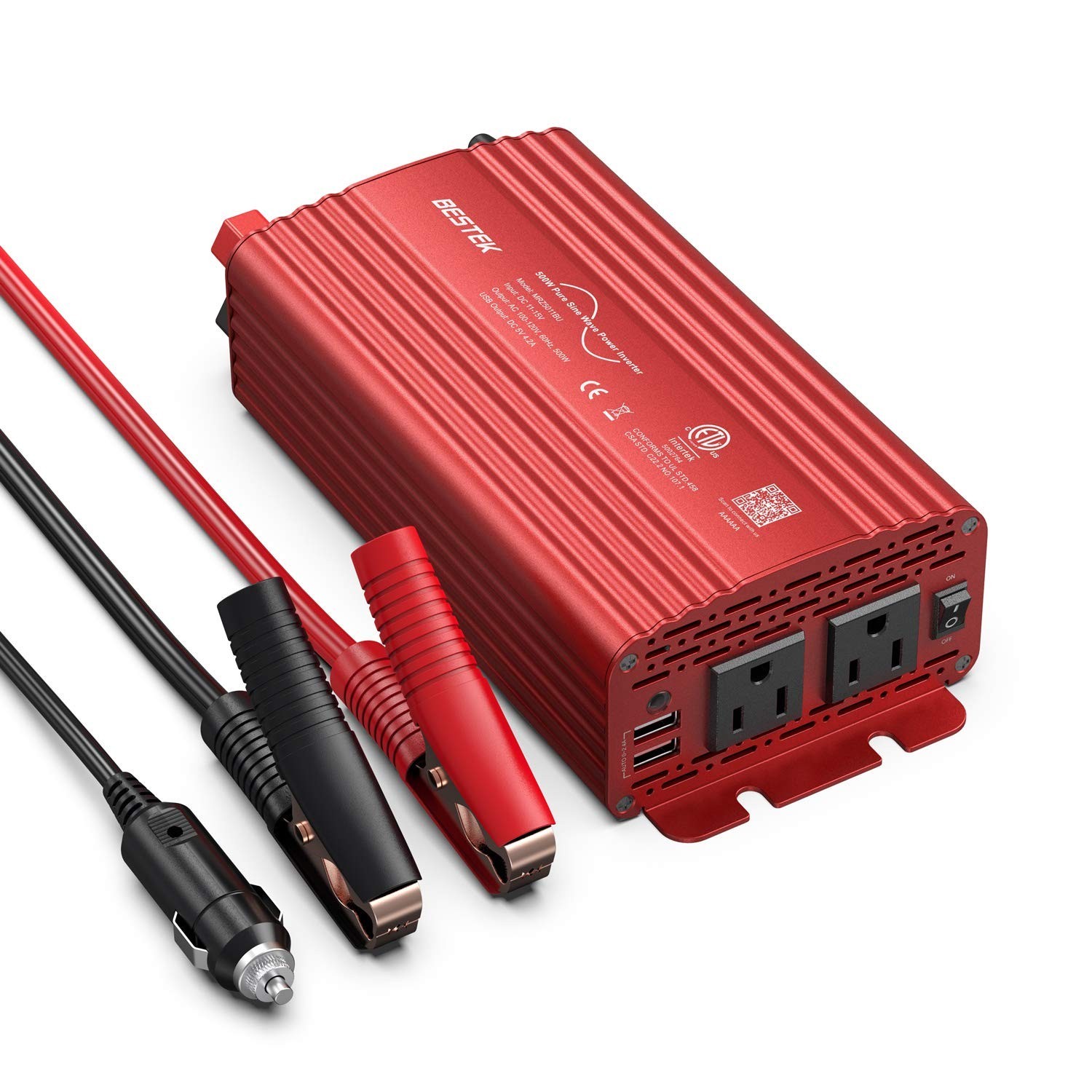 BESTEK MRZ5011BU 500W Pure Sine Wave Power Inverter 12V to 110V 2 Outlets Red