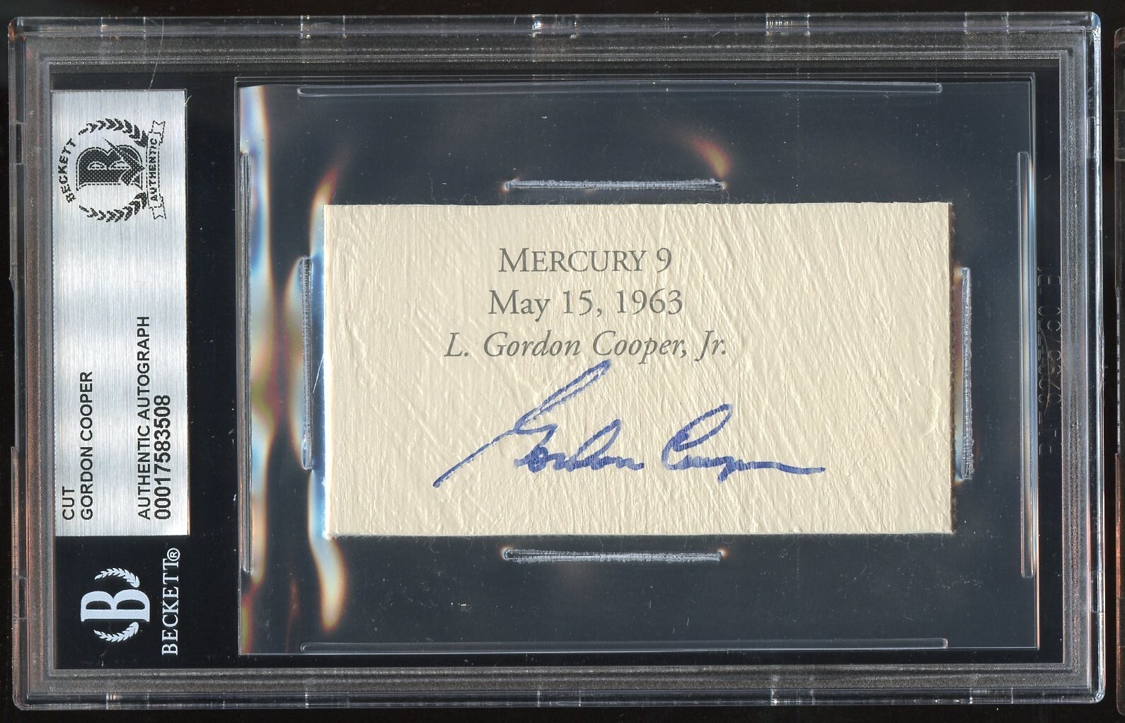 Gordon Cooper d2004 signed autograph 1x3 cut Astronaut Mercury 9 BAS Slabbed