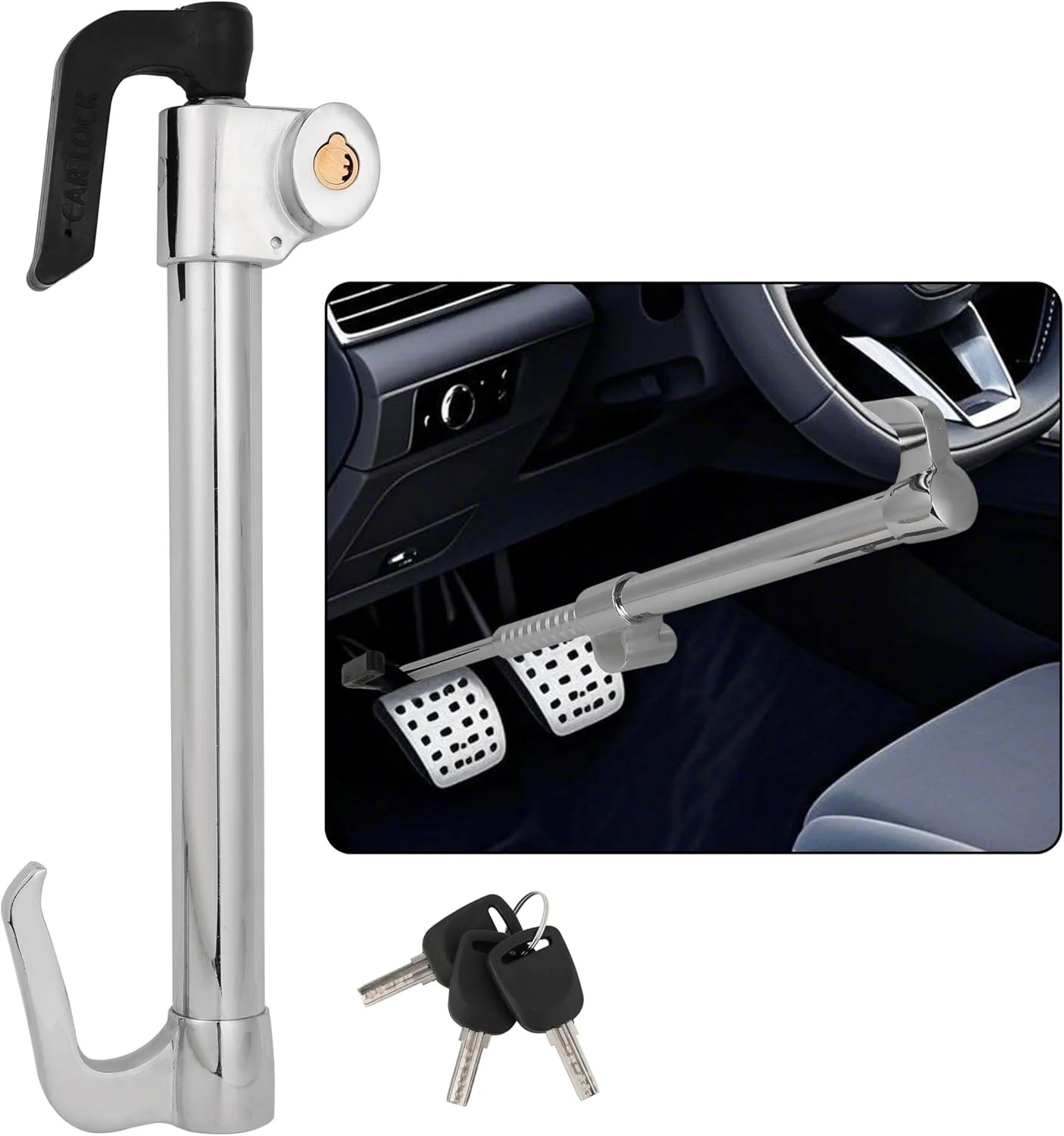 Anti-Theft Steering Wheel & Brake Pedal Lock with Retractable Double Hook, 3 Dou