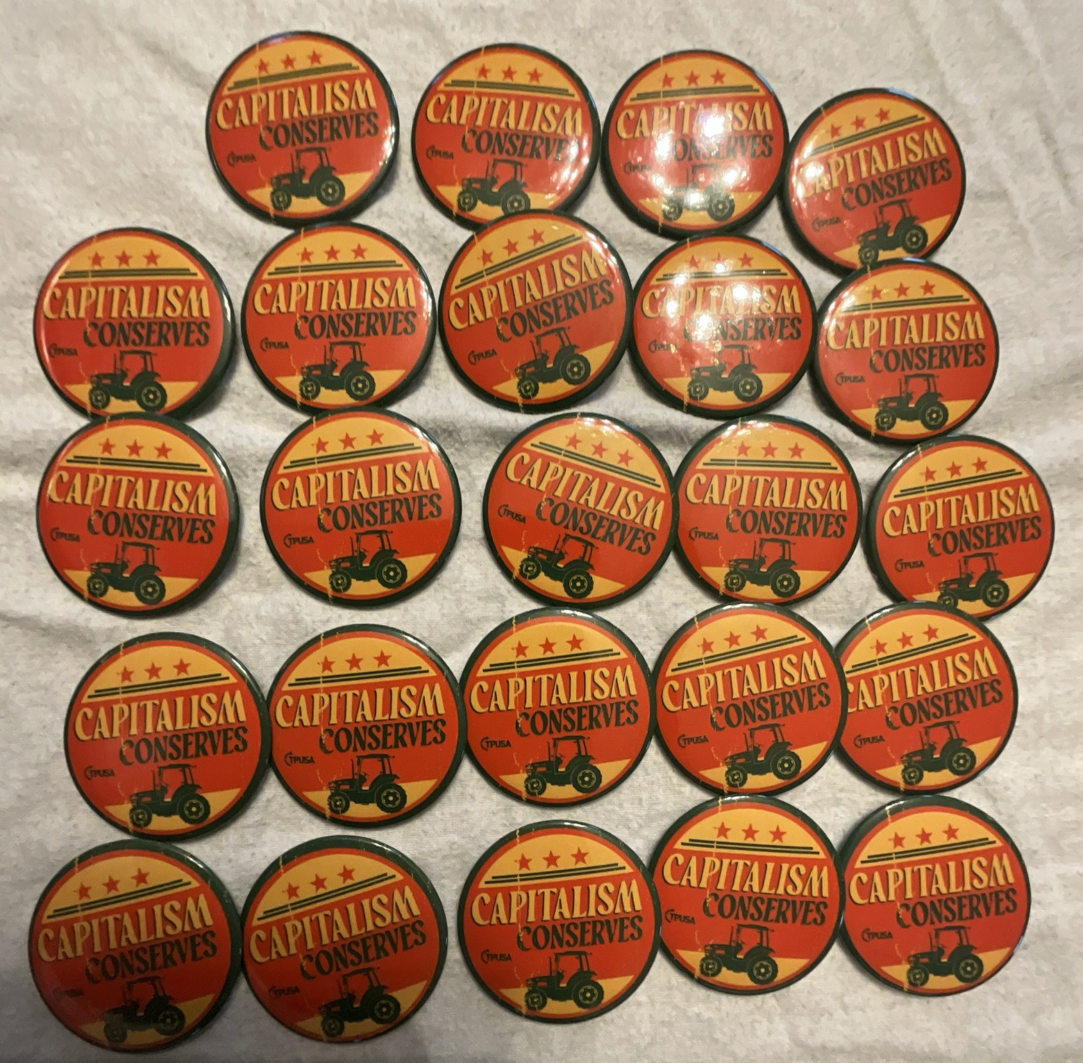 Lot of 24 Capitalism Conserves Campaign Pinback Buttons Round Orange/Green