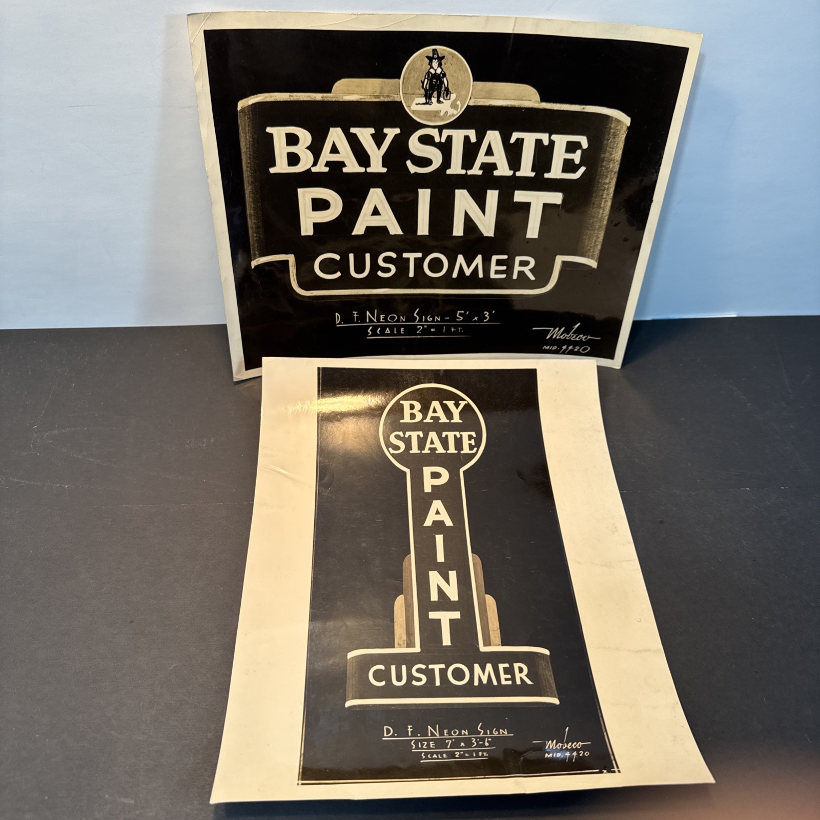 2 1930's BAY STATE PAINT Mobeco Neon Sign ORIG PHOTOS MA