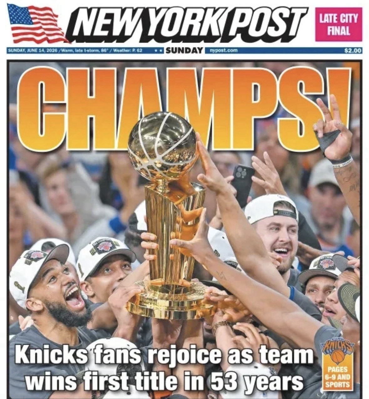Ny Knicks Nba Champions Ny Post Full Newspaper  June 14 2026 Brand New
