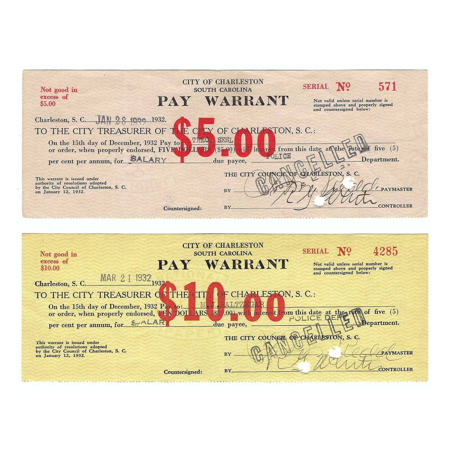 1930's Great Depression Pay Warrants Charleston, SC Set of Two $5 and $10