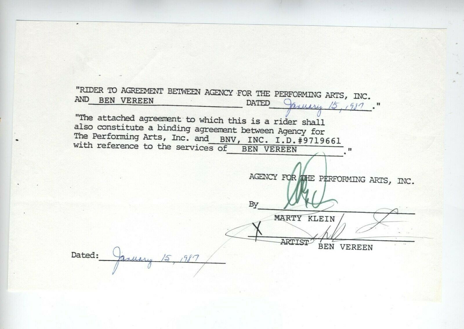 1987 BEN VEREEN CONTRACT SIGNED LEGENDARY AFRICAN AMERICAN ACTOR DANCER COA