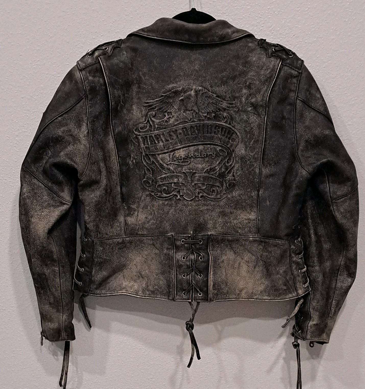 Harley-Davidson Distressed Vtg Women\'s Leather Jacket Large Black Lace-Up Sides