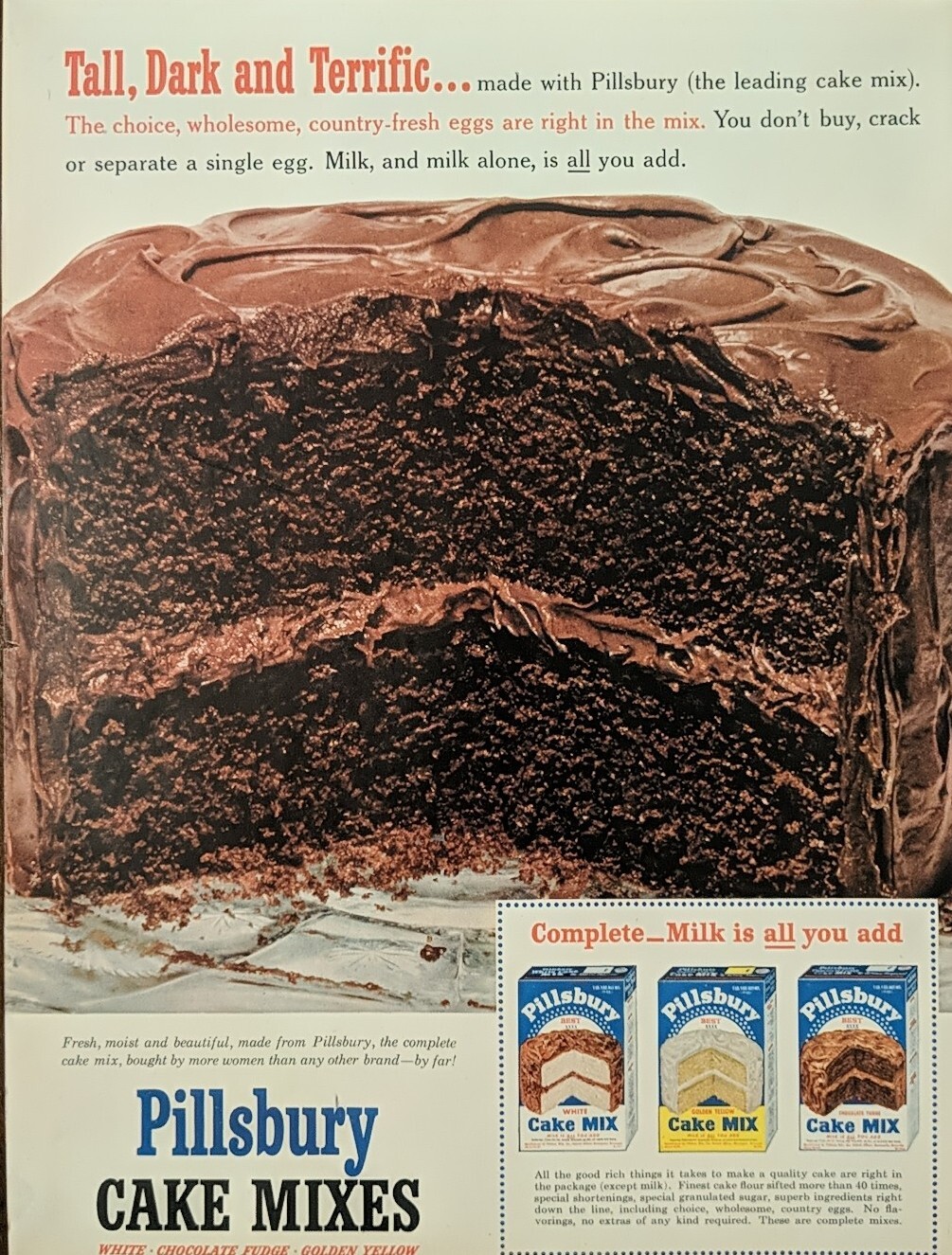 1953 Pillsbury Cake Mixes Print Ad, Chocolate Cake, Tall & Terrific, Easy Make 