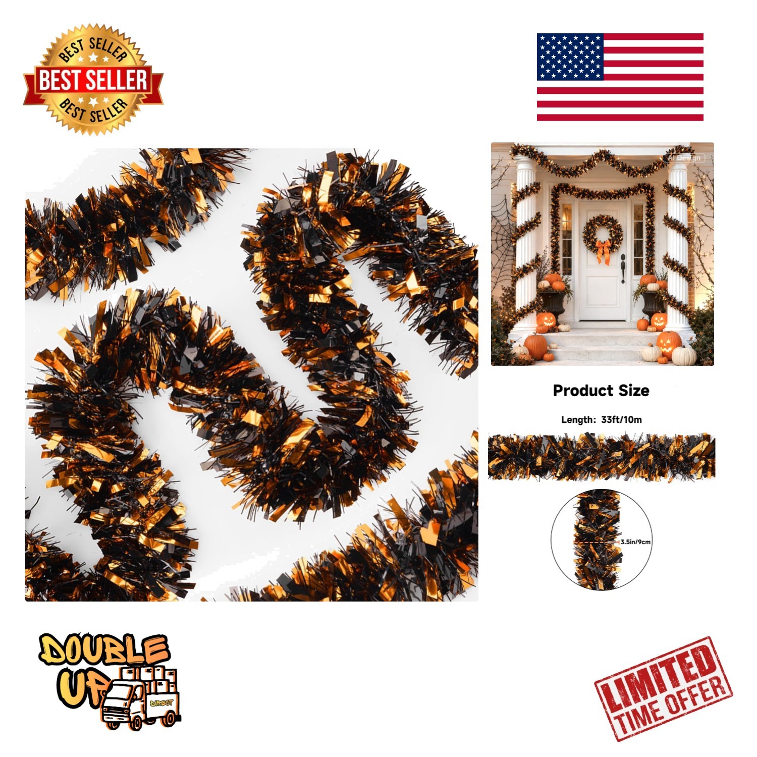 KINGLAKE Halloween Black Orange Tinsel Garland 33 FT 33 FT, and
