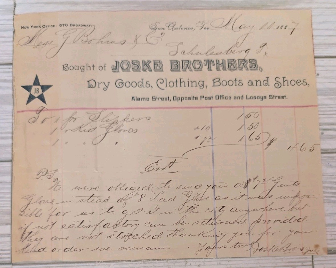 1887 Joske Brothers San Antonio Texas Dry Goods Billhead Schulenburg Kids Gloves