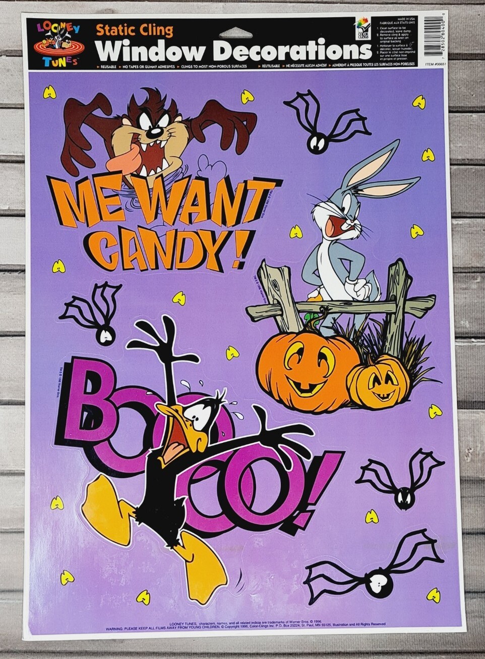 Looney Tunes Halloween Window Decor Bugs Bunny Taz Daffy VTG Me Want Candy Boo a