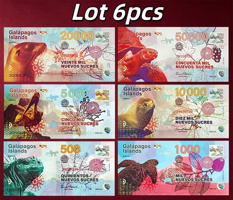 Lot 6pcs Galapagos Islands Set 2020 Fantasy Polymer Banknote  Sea Lion Pelican