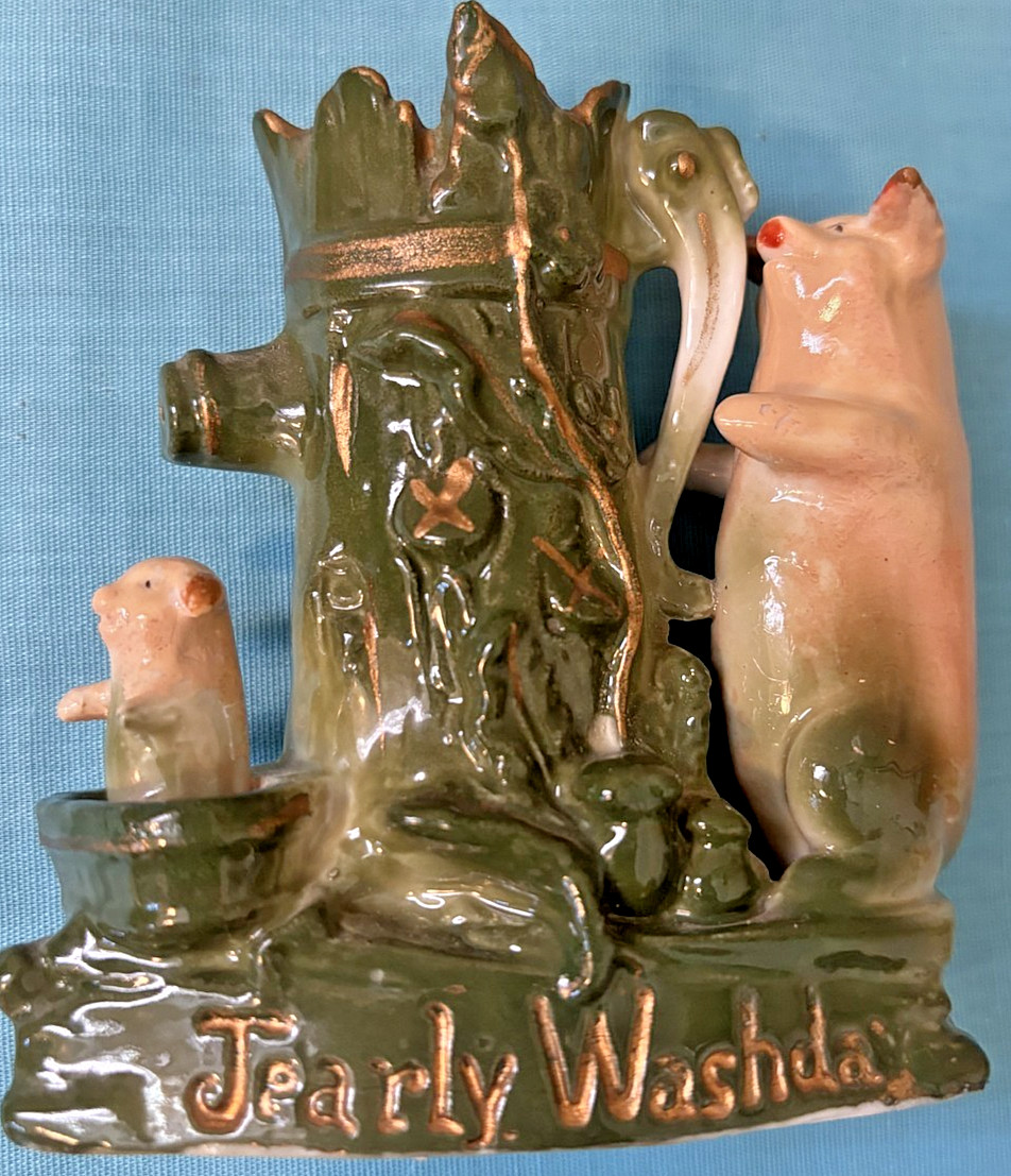 Antique Porcelain RARE Fairings PINK PIG Mother Washing Baby at Water Pump  4X4