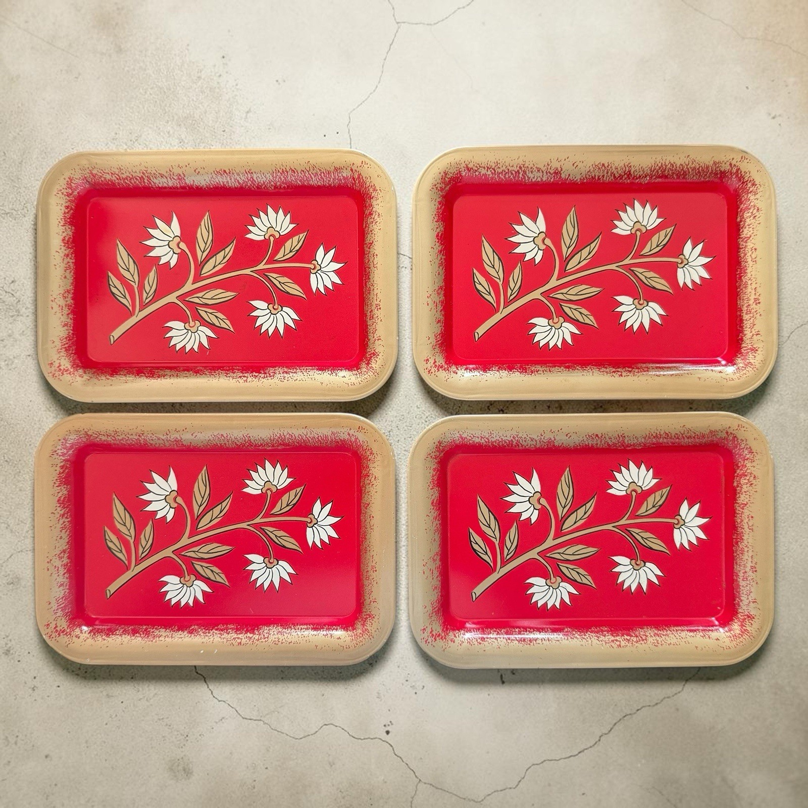 Vtg Metal Tip Trinket Tray Red Gold Floral 1960s Tin Litho Coaster 6x4 Set of 4