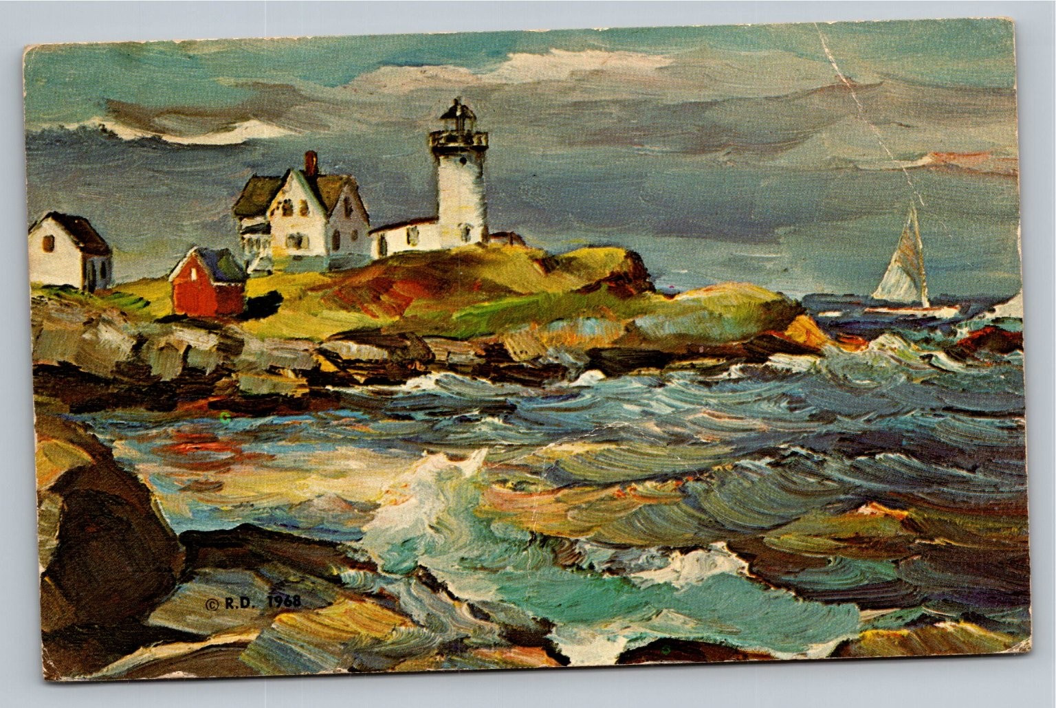 1968 Cape Neddick Lighthouse Maine Art Postcard by Roger Deering