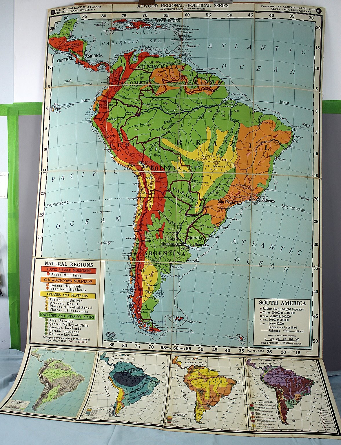 Atwood Regional-Political South America Map 1949 Edition Wall Chart