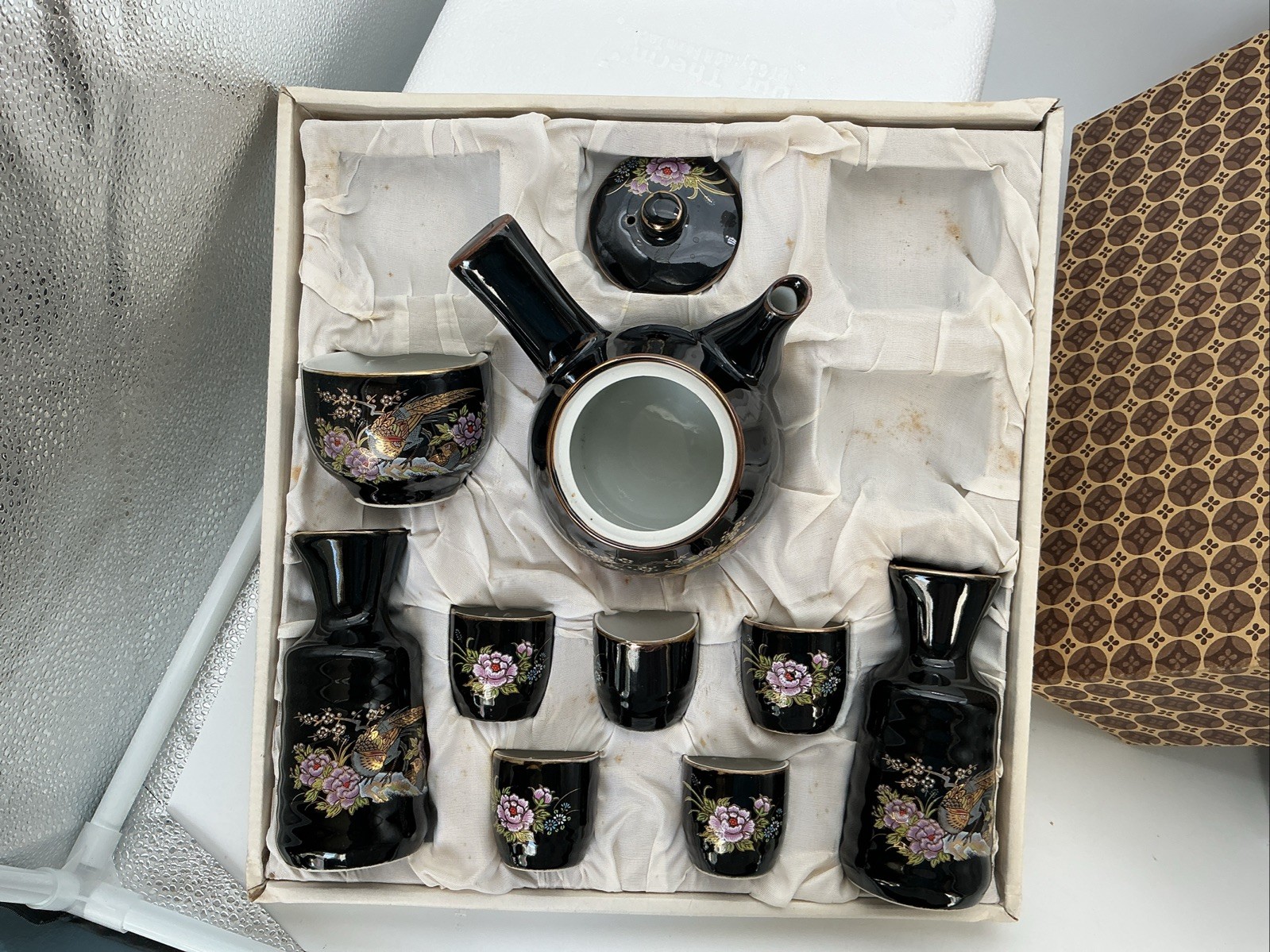 Vintage Japanese Black & Gold Porcelain Sake Set Original Box Pheasant Peony Tea