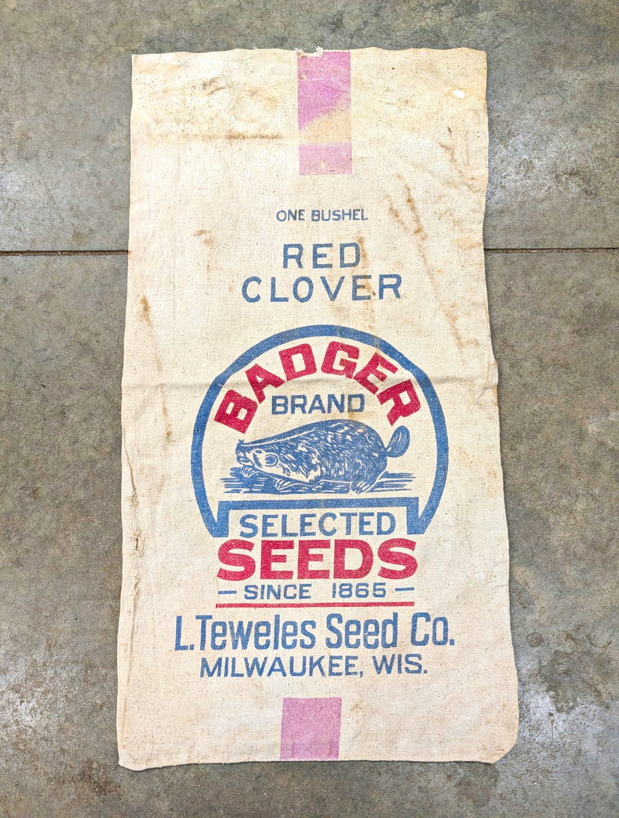 Vintage L. Teweles Seed Co. Badger Brand Red Clover Cloth Advertising Seed Bag