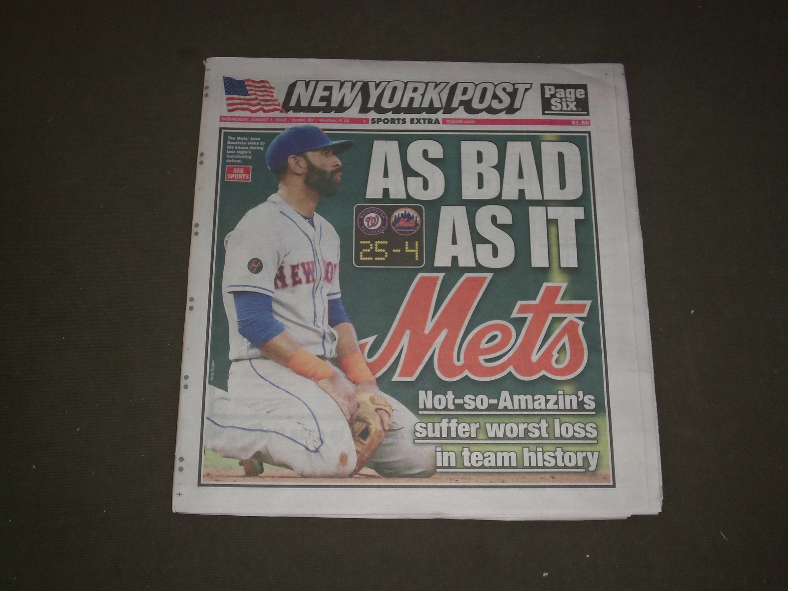 2018 AUGUST 1 NEW YORK POST NEWSPAPER- NY METS SUFFER WORST LOSS IN HISTORY 25-4