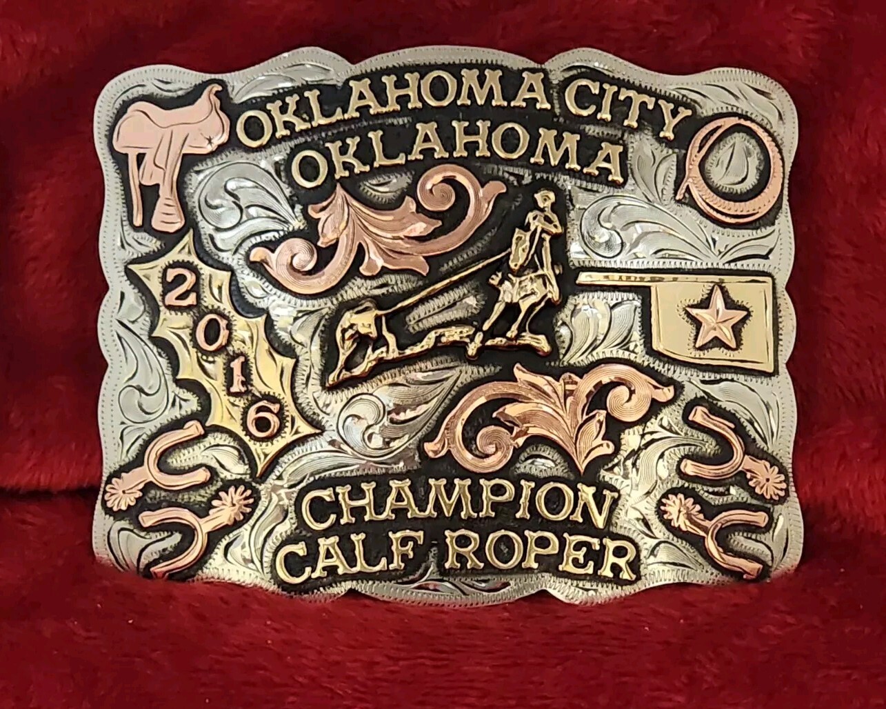 TROPHY RODEO CHAMPION BELT BUCKLE☆2016☆PRO CALF ROPER☆OKLAHOMA CITY OK☆RARE☆545