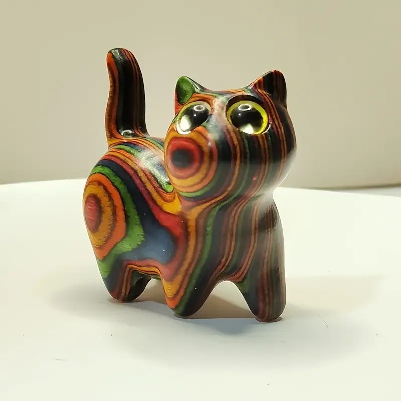 Hand-Painted Wooden Cat Figurine – Cute Kitten Sculpture Home Decor Gift