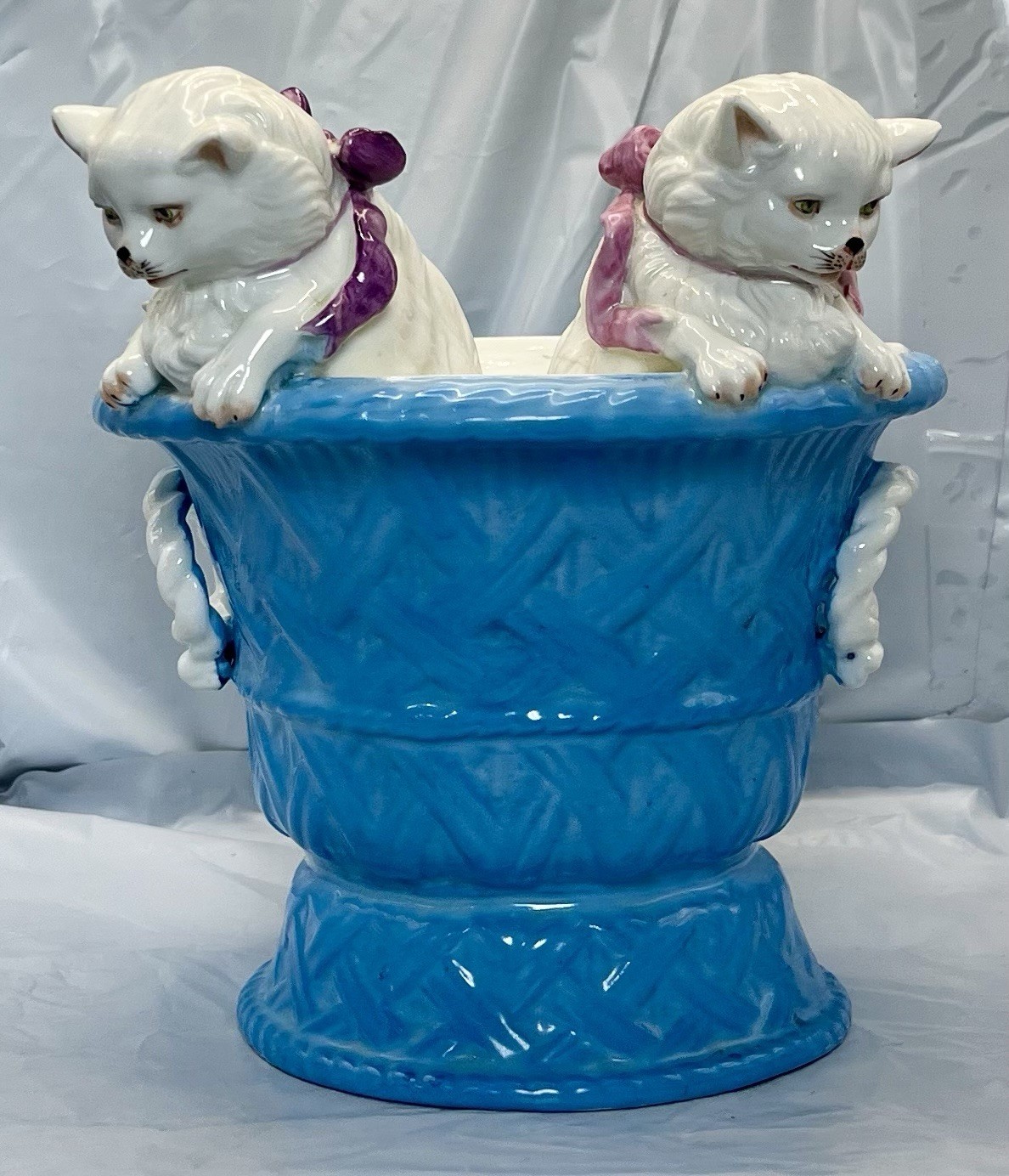 Antique German Meissen Type Porcelain Kittens In A Basket Vase Bowl Planter Rare