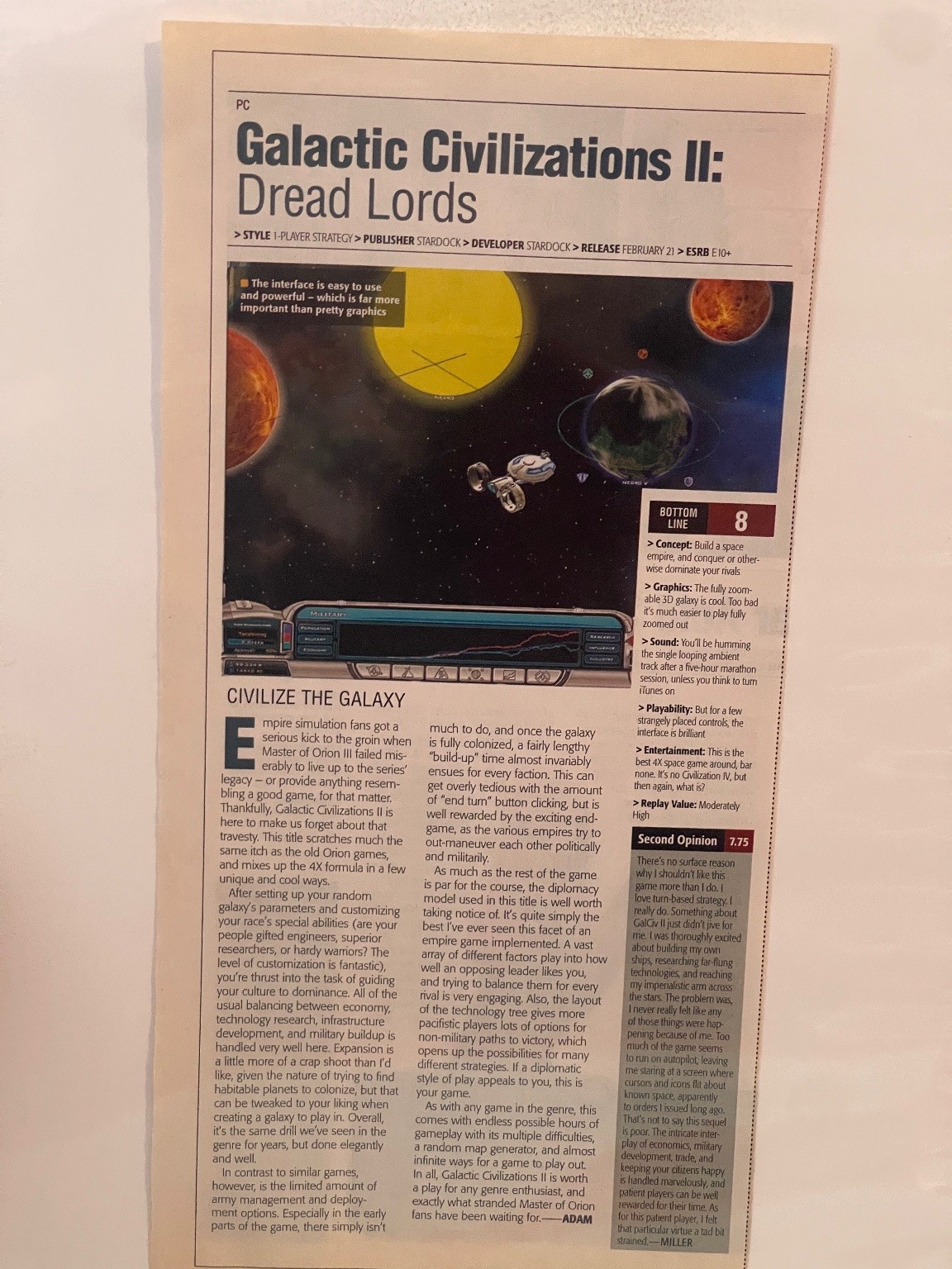 Galactic Civilizations II Dread Lords PC Game Review Magazine Clipping 2007