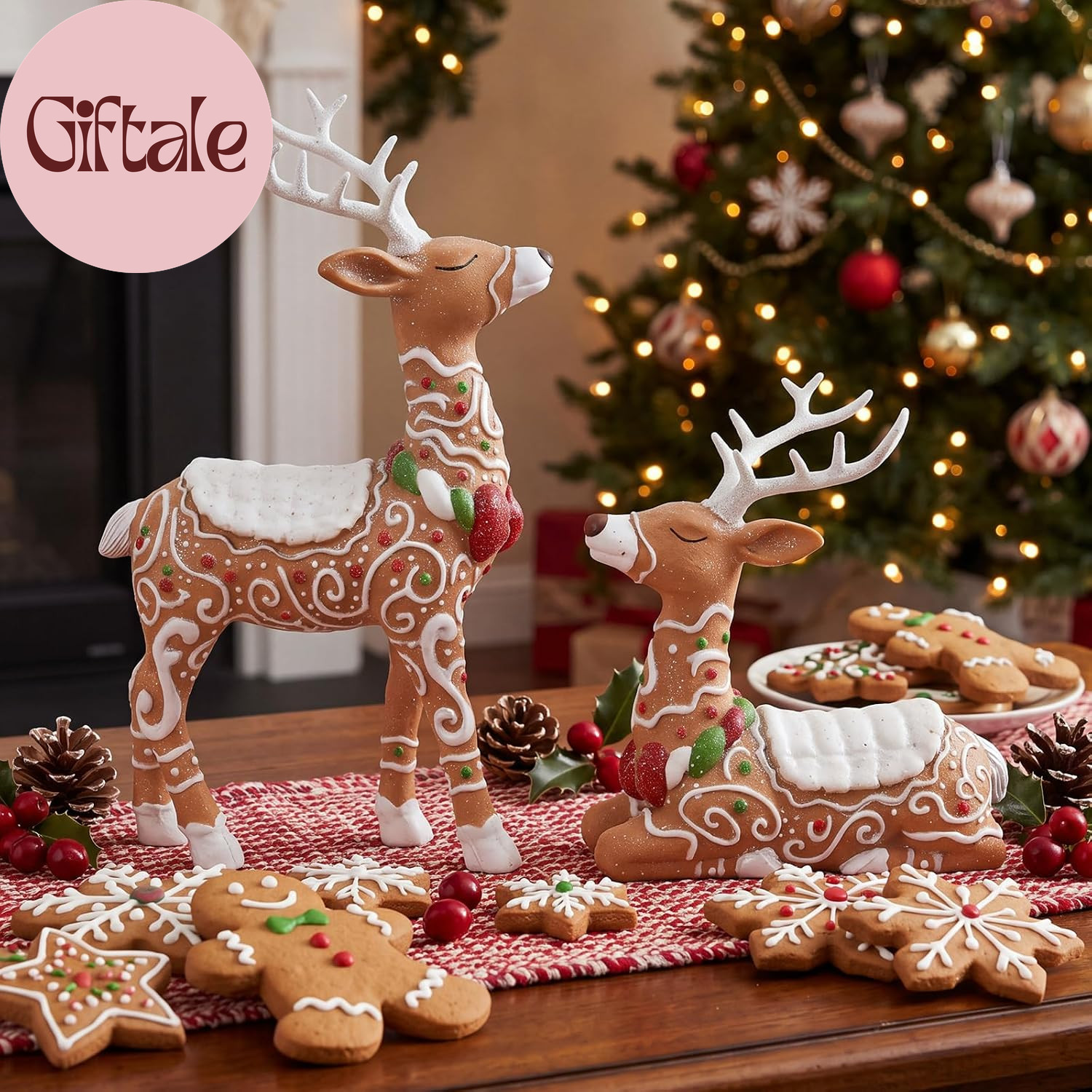 2 Pcs Gingerbread Reindeer Christmas Figurines Resin Holiday Decor