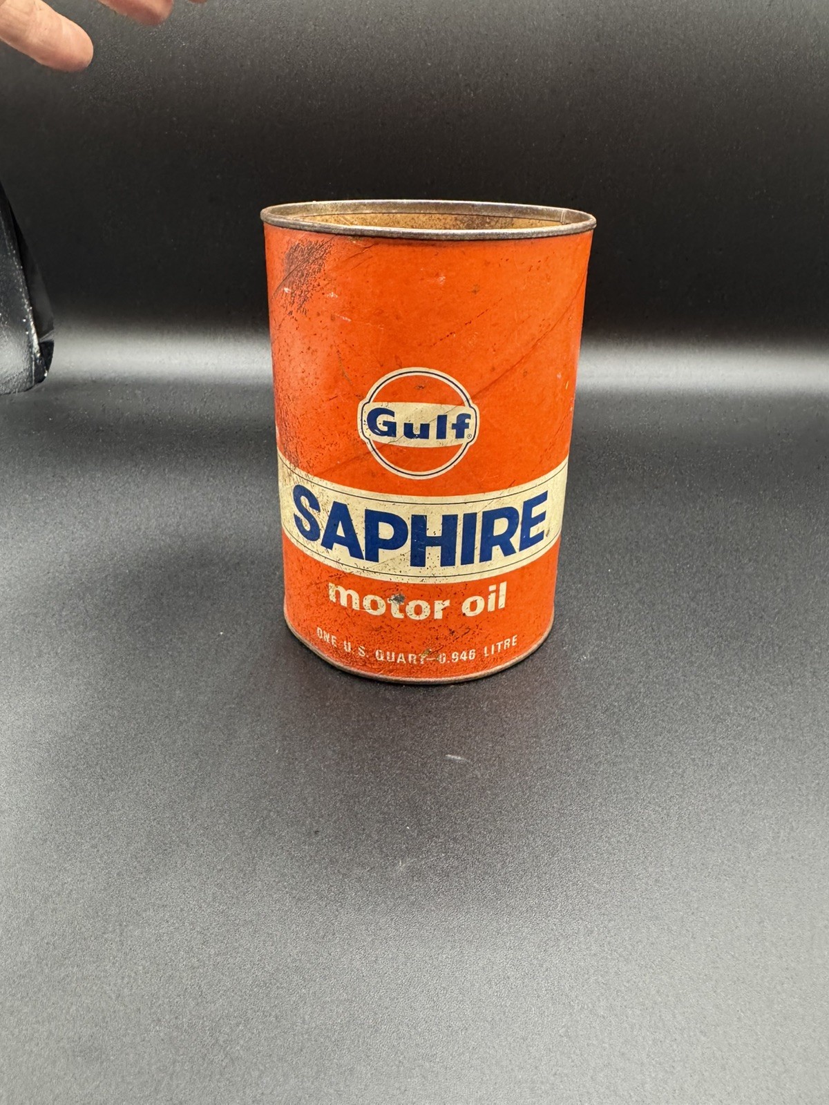 GULF SAPHIRE Vintage Motor Oil Can Quart Empty  Top Opened SAE40