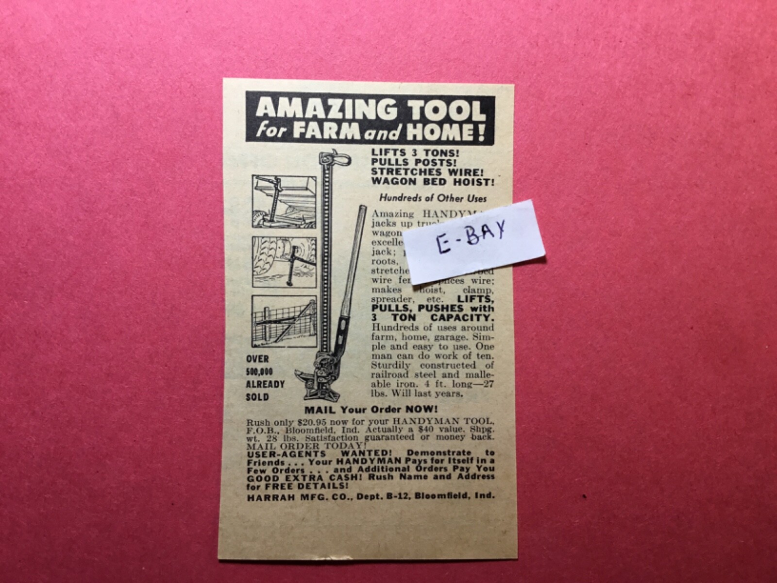 1965 Ad. 3 Ton Jack. Harrah Mfg. Co. Bloomfield, Indiana