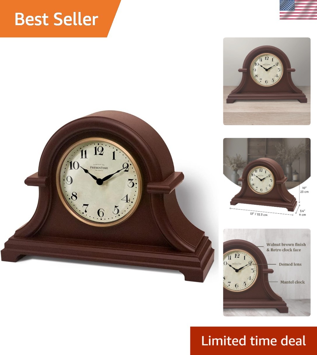 Elegant Walnut Brown Mantel Clock - Vintage Farmhouse Style Decor, 13 x 10\