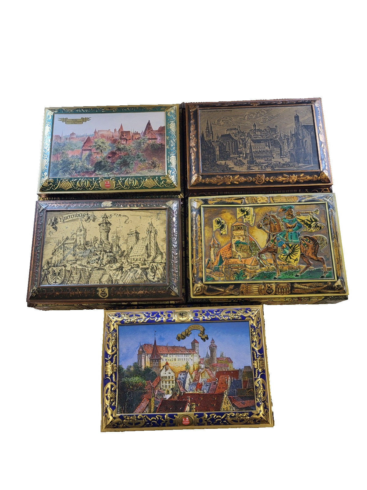 5 large tin cans, E. Otto Schmidt/Gingerbread Schmidt Nuremberg, relief metal