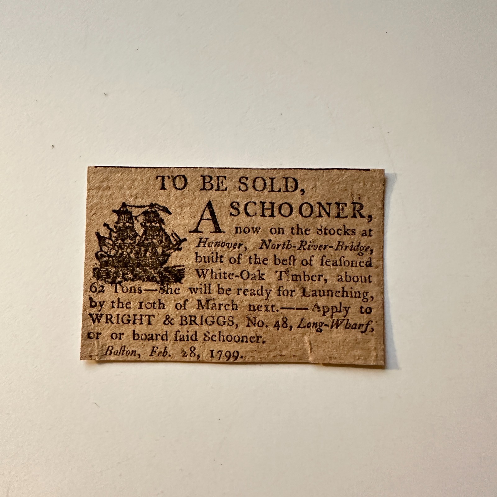 To Be Sold A Schooner Feb 1799 Wright & Briggs Boston 1799 Clipping 5AK9-S9