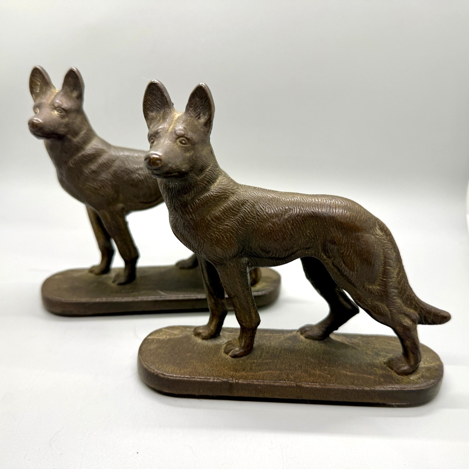 Pair of Vintage German Shepherd Dog Heavy Cast Metal Bronze Patina Bookends