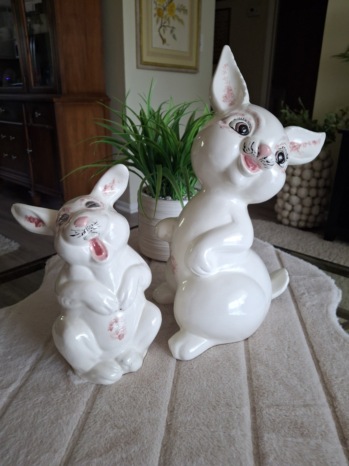 Vintage Large Ceramic Bunny Rabbit Figurines Easter Spring Anthropomorphic Odd