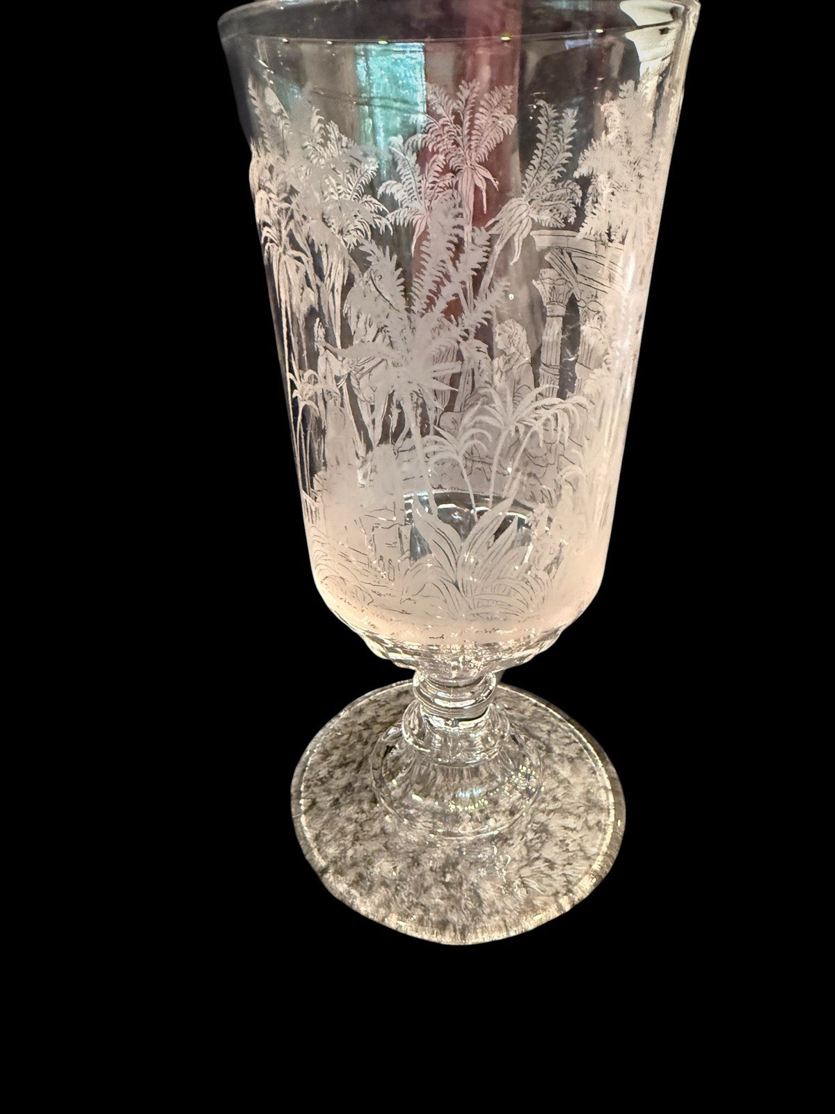 Antique Vase Etching 1881 EAPG Hobbs Brockunier & Co Oasis Camel Caravan Celery