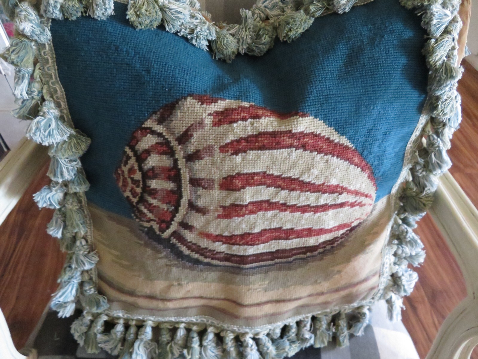 Vintage Aubusson style Petit Point Needlepoint Pillow Shell Nautical Ocean Blue