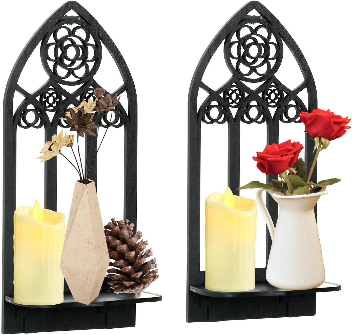 Wooden Gothic Candle Sconces Wall Decor Set of 2