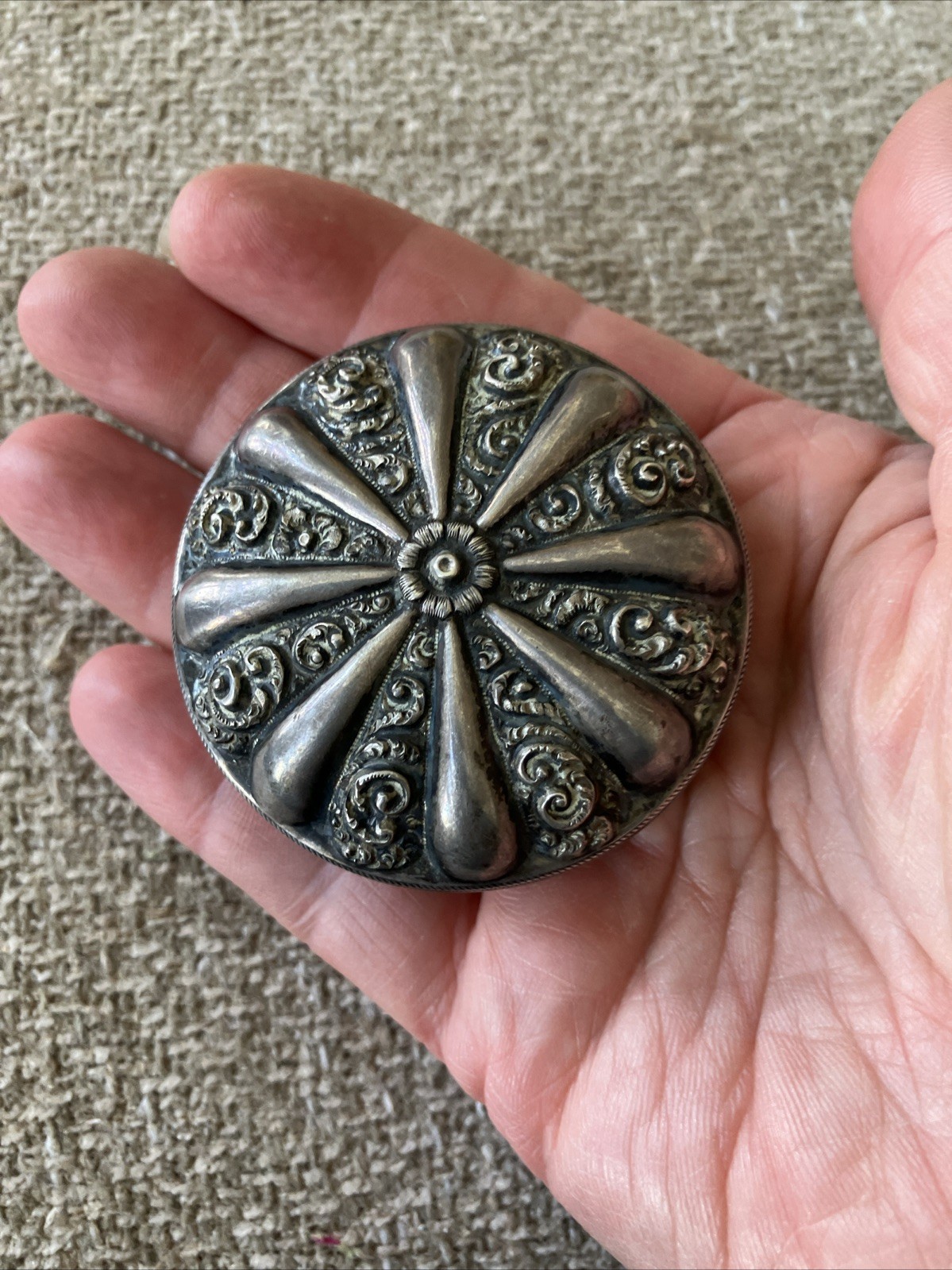 Antique Sterling Silver Trinket Box Repousse Pill Box  E.R. & Co