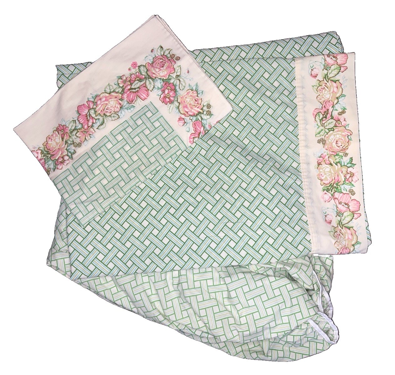 Vtg 70s Fieldcrest Twin Sheet Set Floral Lattice Spring Fitted Flat Pillowcase
