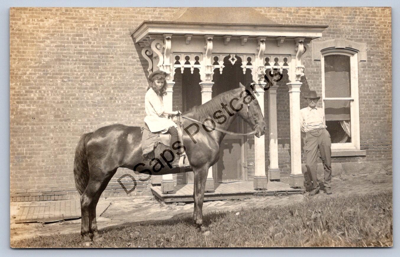K58/ Interesting RPPC Postcard c1910 Pretty Girl on Horseback Horse Home 388