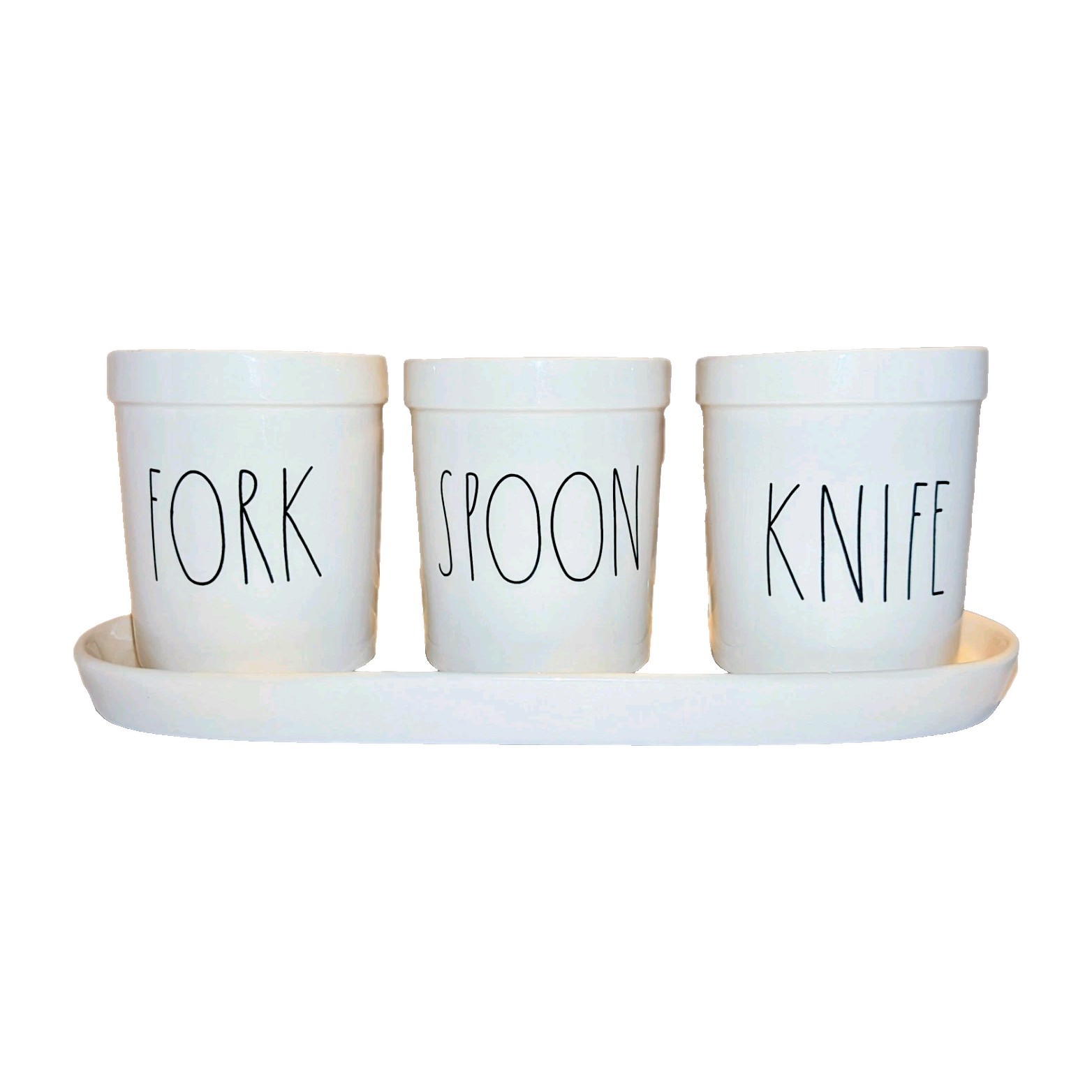 Rae Dunn by Magenta SPOON FORK KNIFE Utensil Holders + Tray 4 Piece Crock Set A+