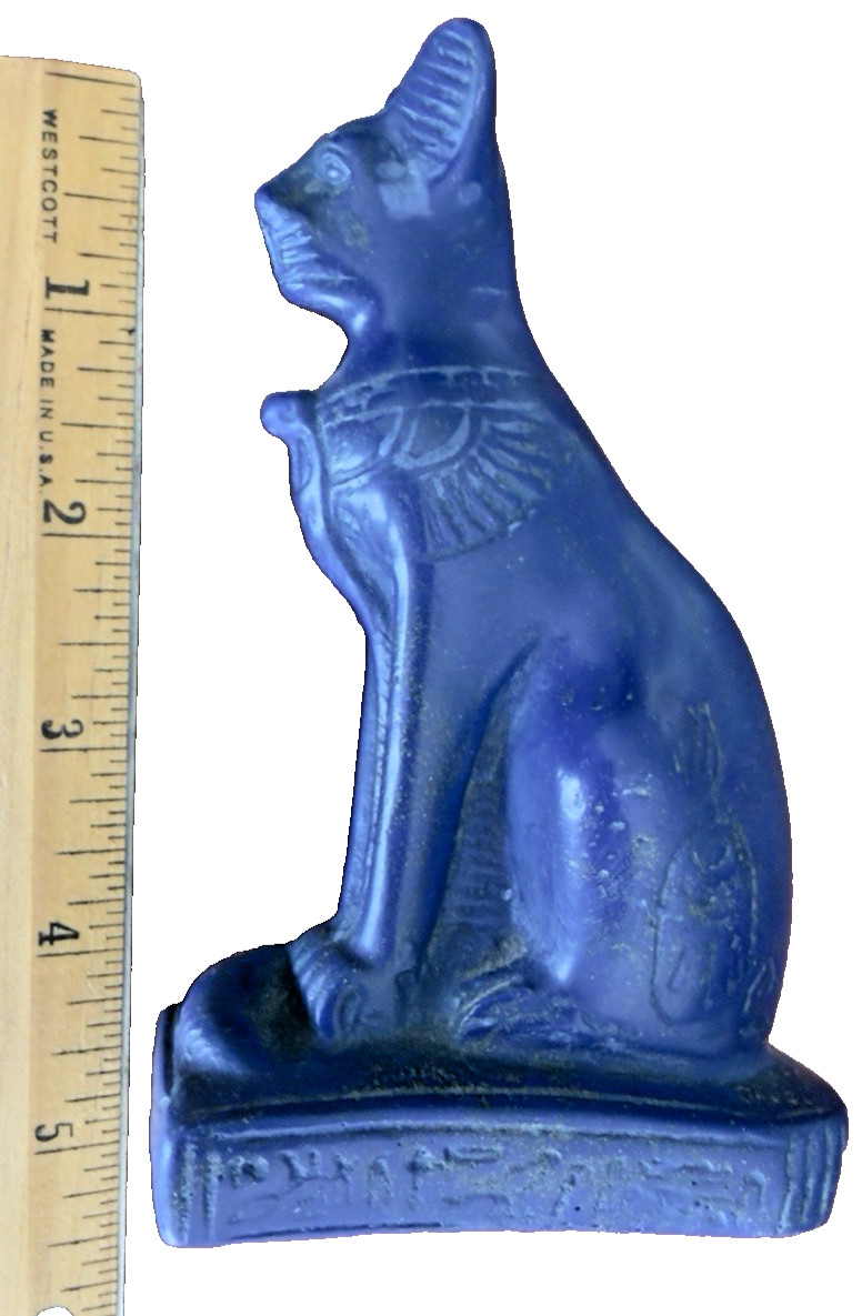 Blue Stone Egyptian Cat Figurine Seated Bastet Goddess Hieroglyphic Base Vintage