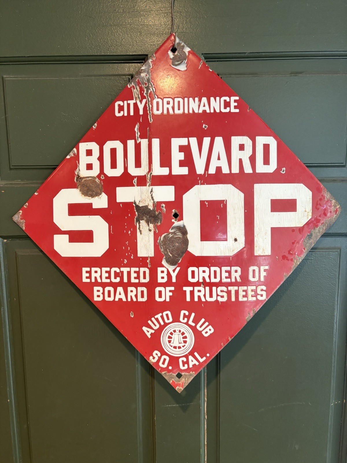 X-RARE🇺🇸1920s SO. CAL. AUTO CLUB RED PORCELAIN/BOULEVARD STOP/HIGHWAY SIGN 👀