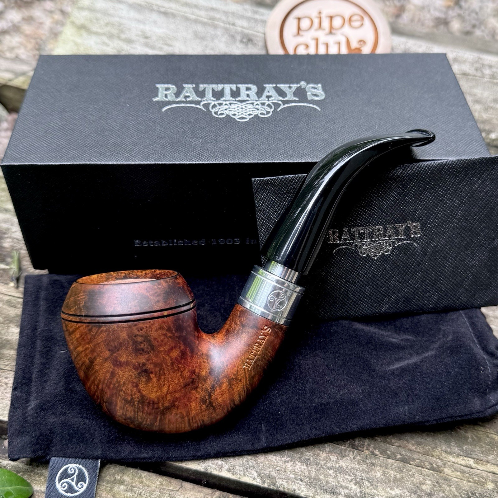 Rattray\'s Monarch Black Smooth Contras Bent Rhodesian (15) 9mm Filter Pipe - New