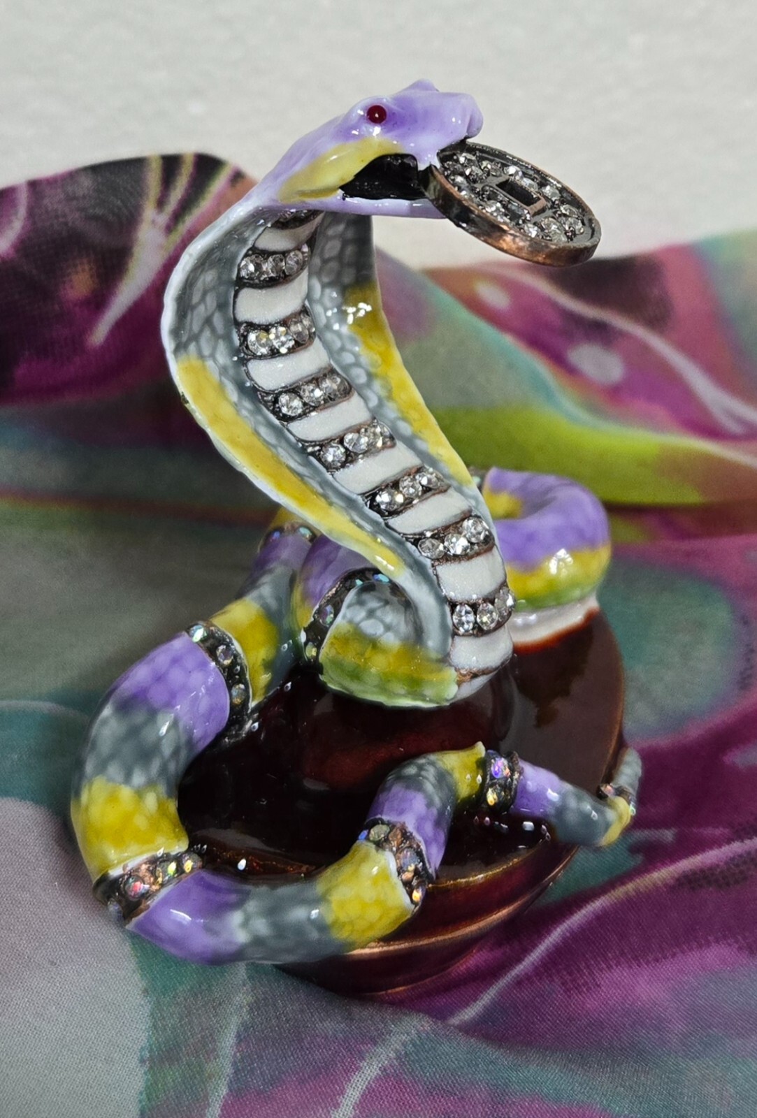 Trinket Box Bejeweled Snake Hinged Metal Enamel Crystals Coin In Mouth Wealth