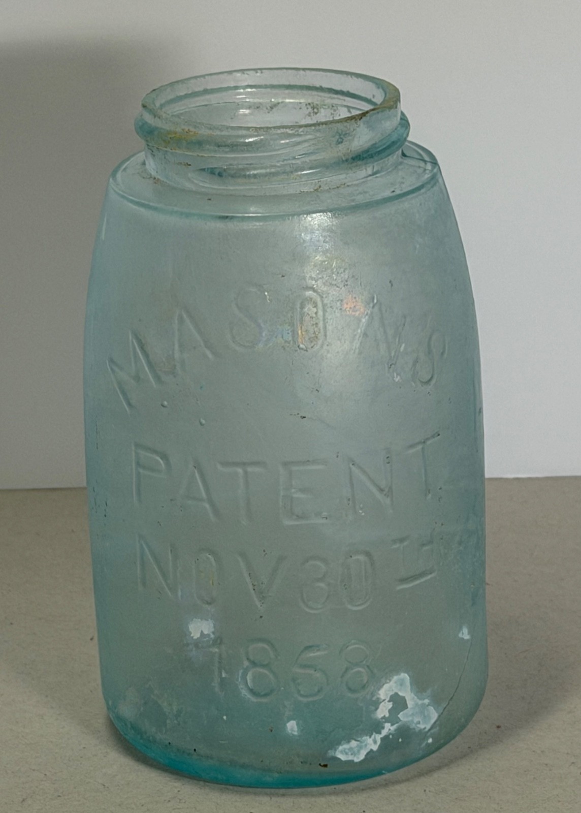 Antique Midget Mason's 1858 Patent Canning Jar Hero Cross Nice Iridescent Patina