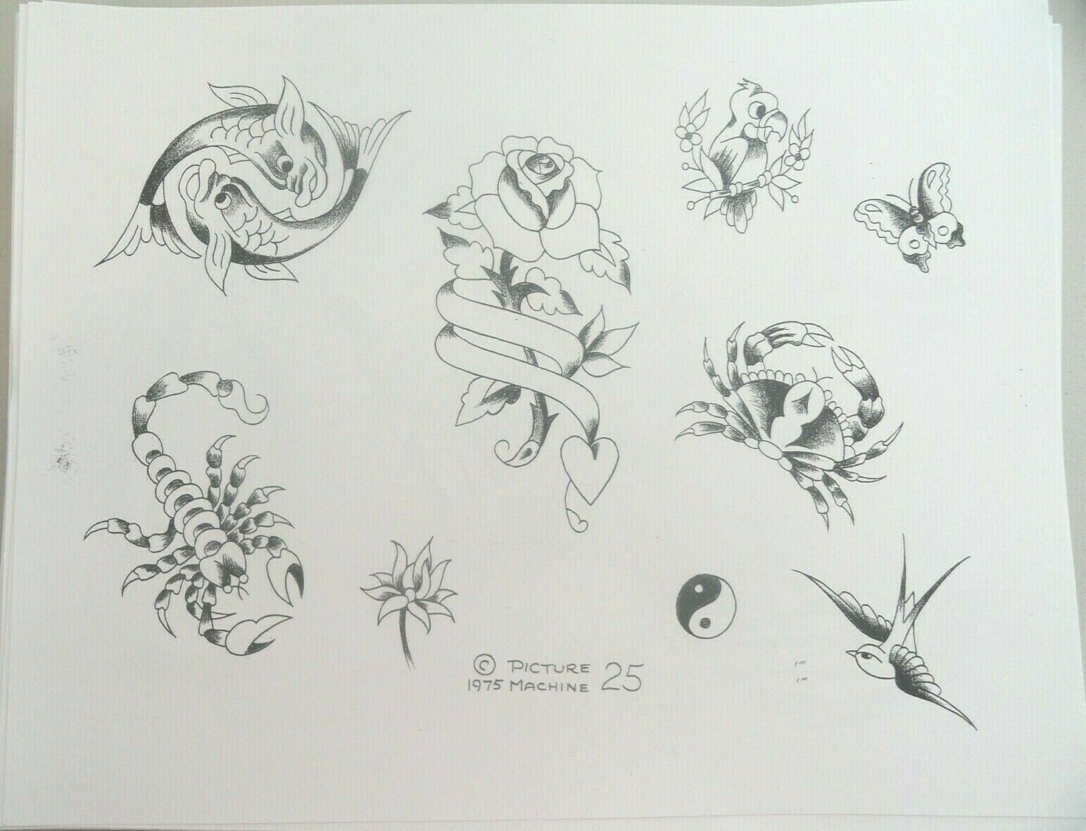 VTG RARE 1975 Picture Machine Tattoo Flash Sheet 25 Roses Zodiac Pisces Yin Yang