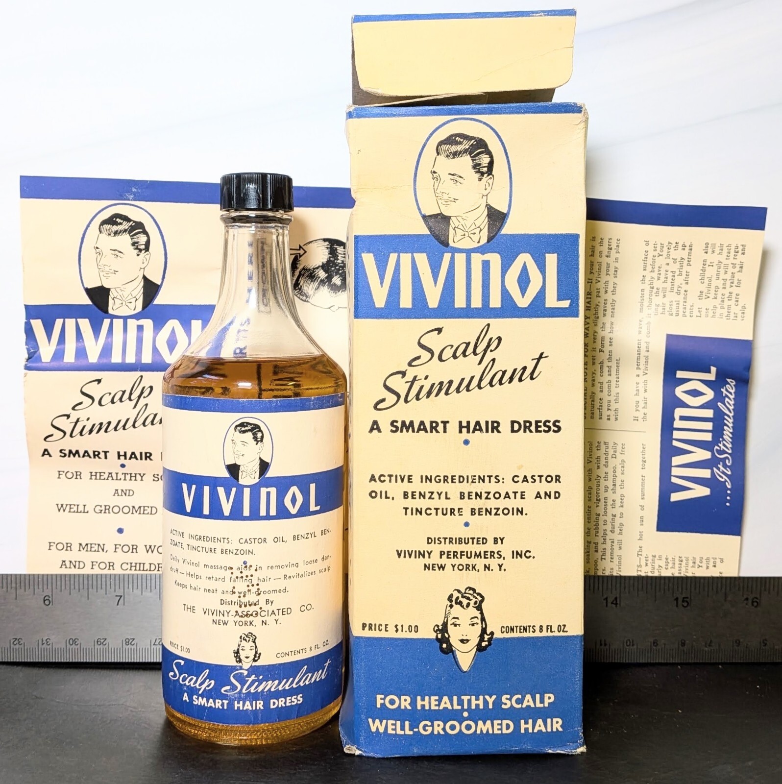 Vintage 1940s Vivinol Scalp Stimulant Hair Tonic Bottle Box Paper Ephemera NOS
