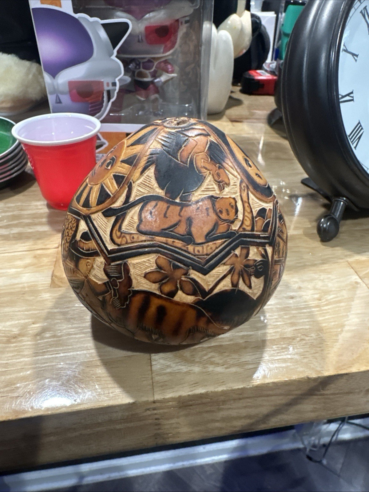 Vintage Peruvian Folk Art Hand Carved Gourd Mate Burilado Amazon Jungle Animals