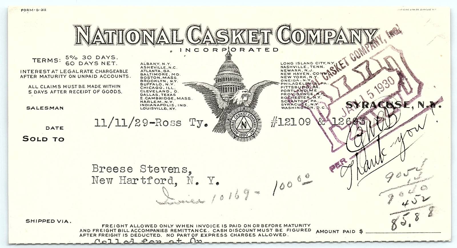 1930 National Casket Company Billhead, Syracuse NY