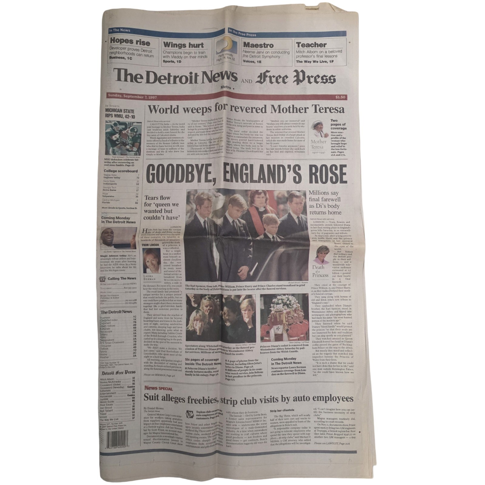 1997 Detroit News Free Press Princess Diana Funeral Mother Teresa Newspaper Sept
